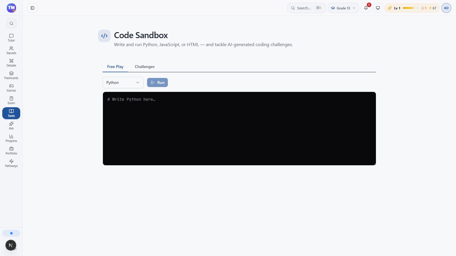 Free Play with Python selected and an empty editor