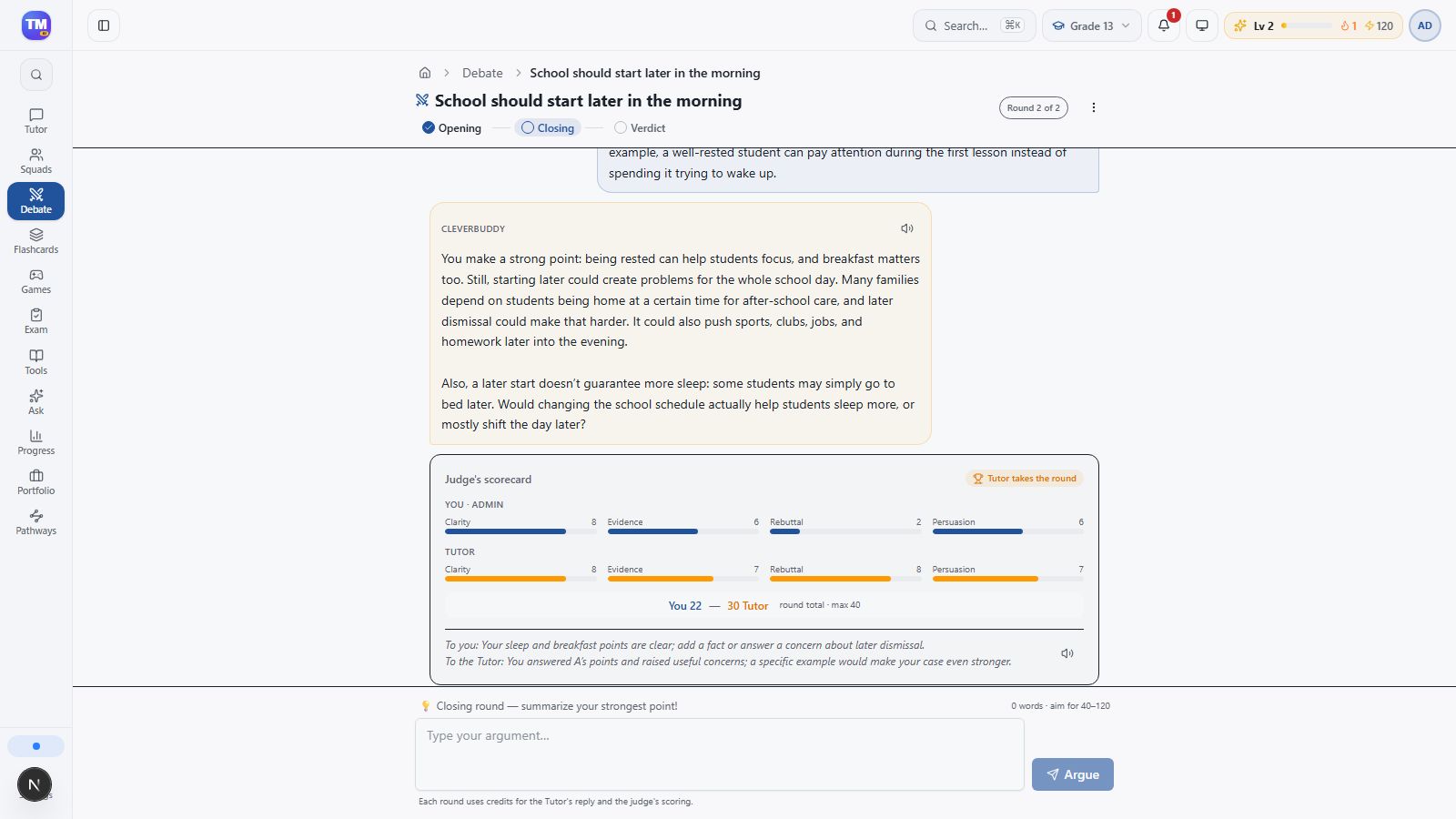Opening-round counterargument and labeled scorecard