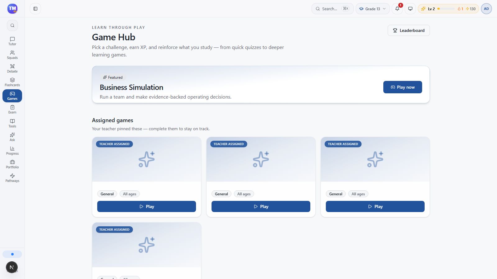 Game Hub with featured and assigned game entry points