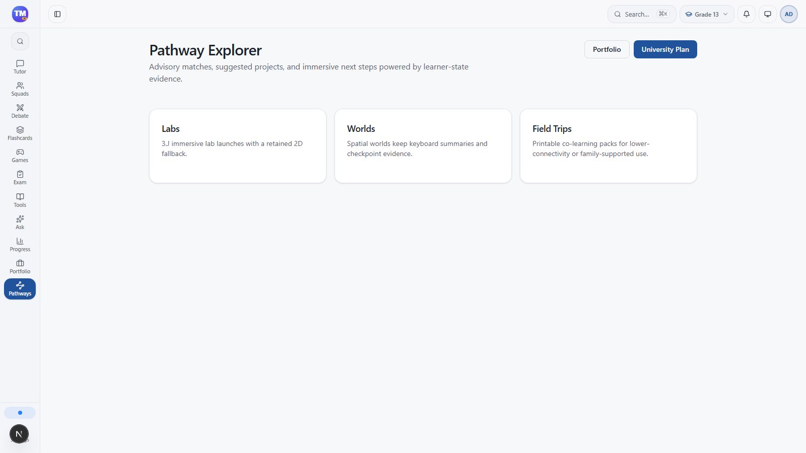 Pathways entry and available learning paths in the local workspace