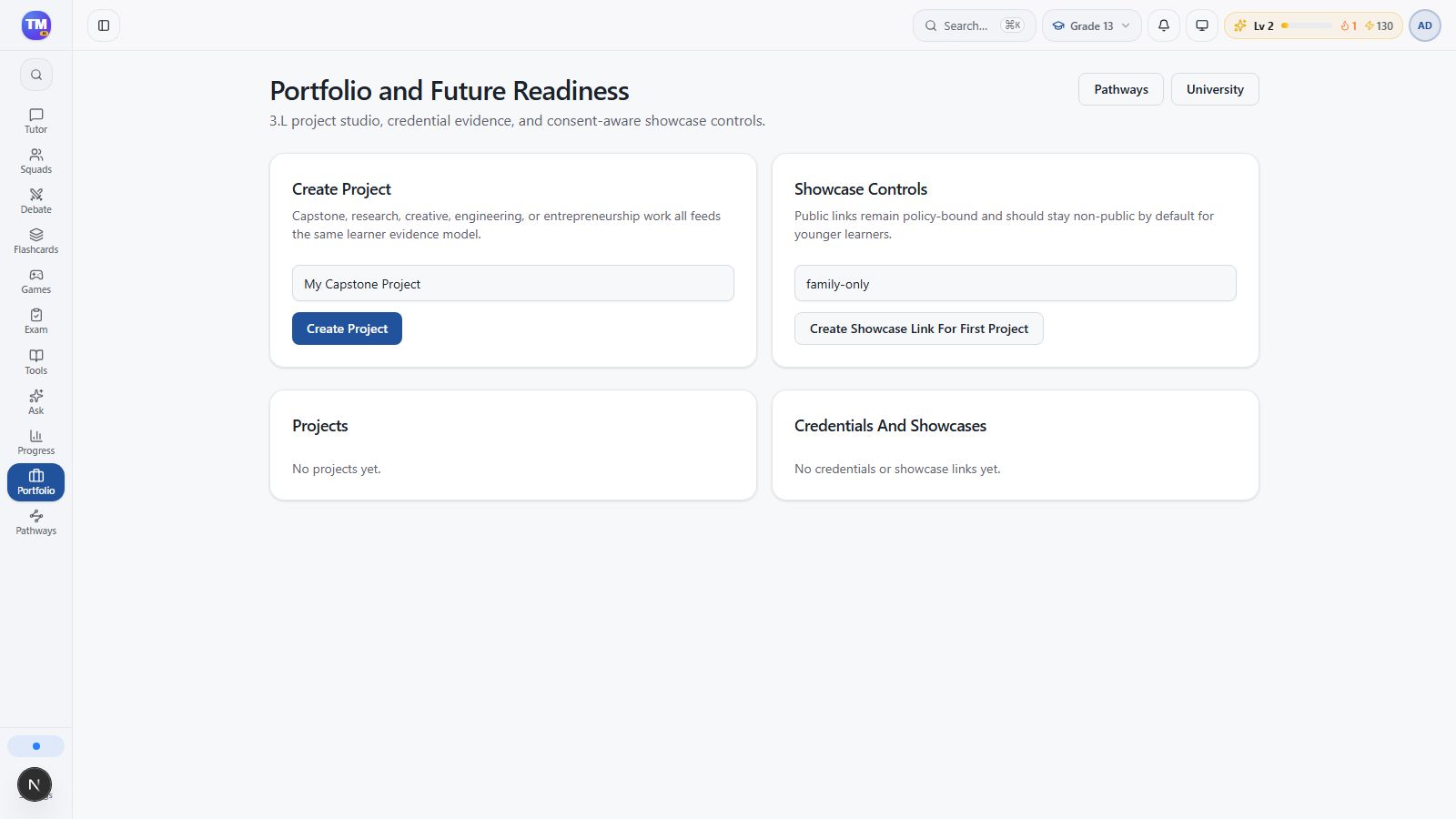 Portfolio project, evidence, and showcase controls in the local non-production workspace