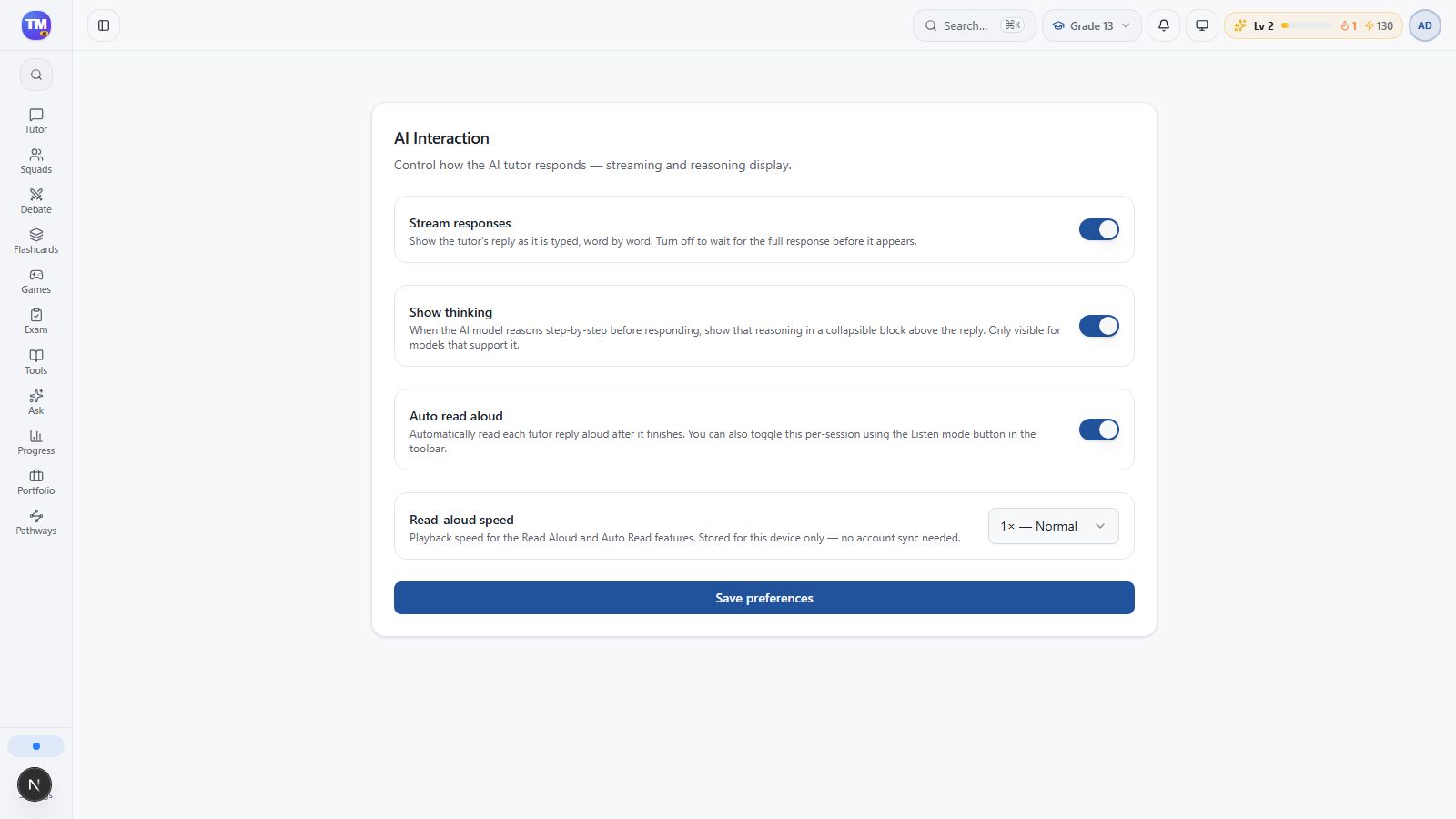AI Interaction preferences for streaming, thinking display, and read-aloud