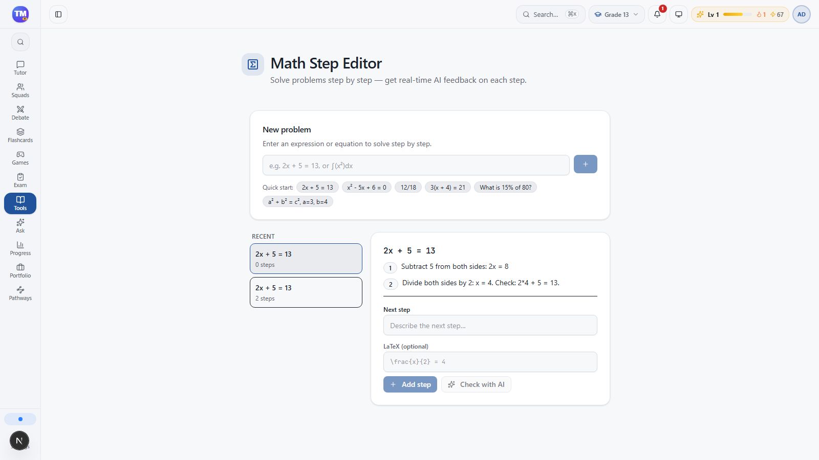 A completed Math Steps solution with both operations recorded