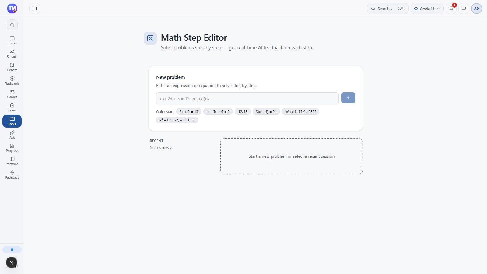 Math Steps problem entry and recent problem sessions