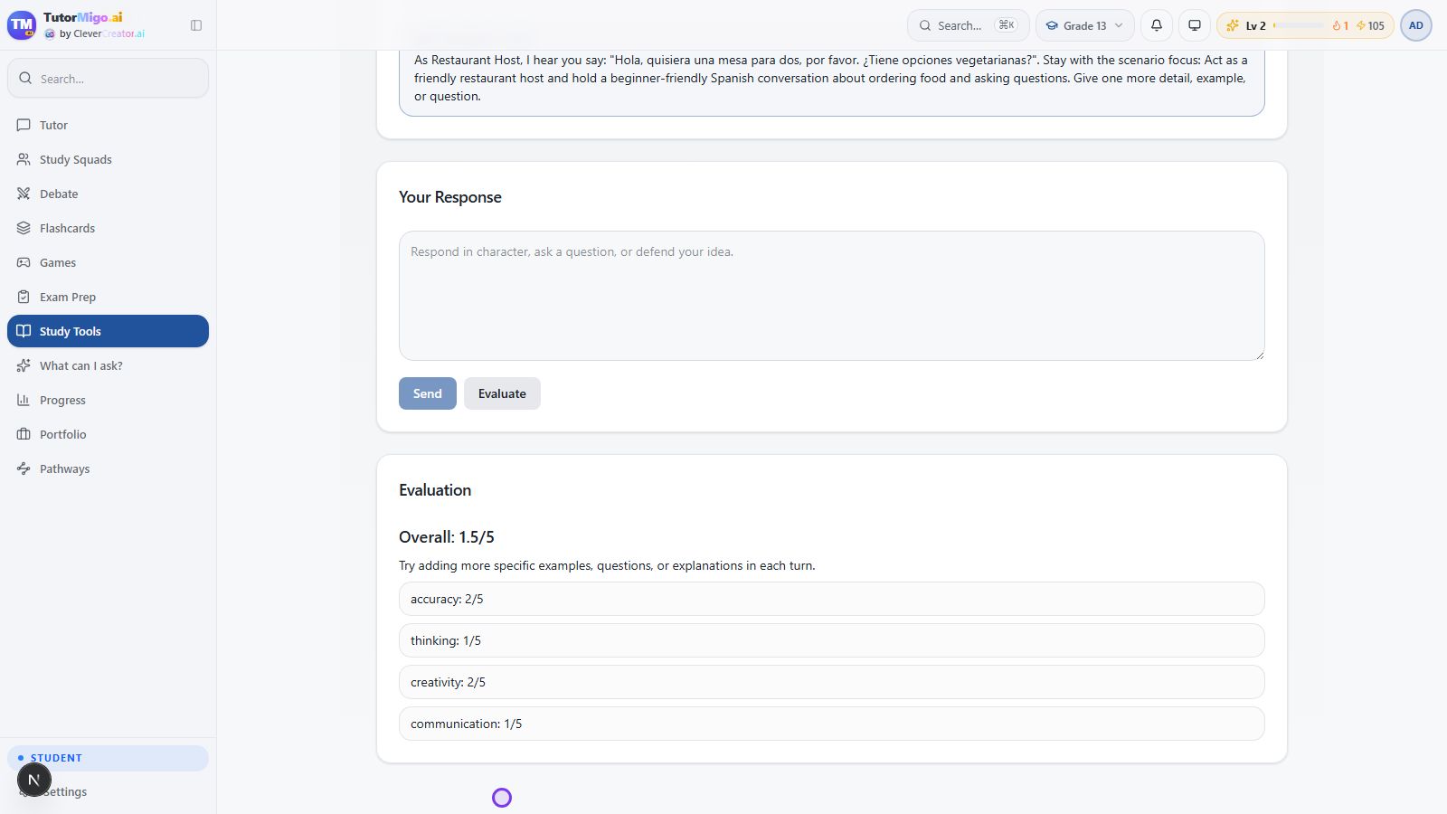 Completed local roleplay evaluation with category feedback