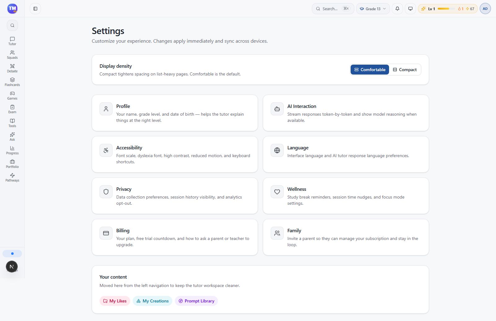 Settings controls for adapting the workspace